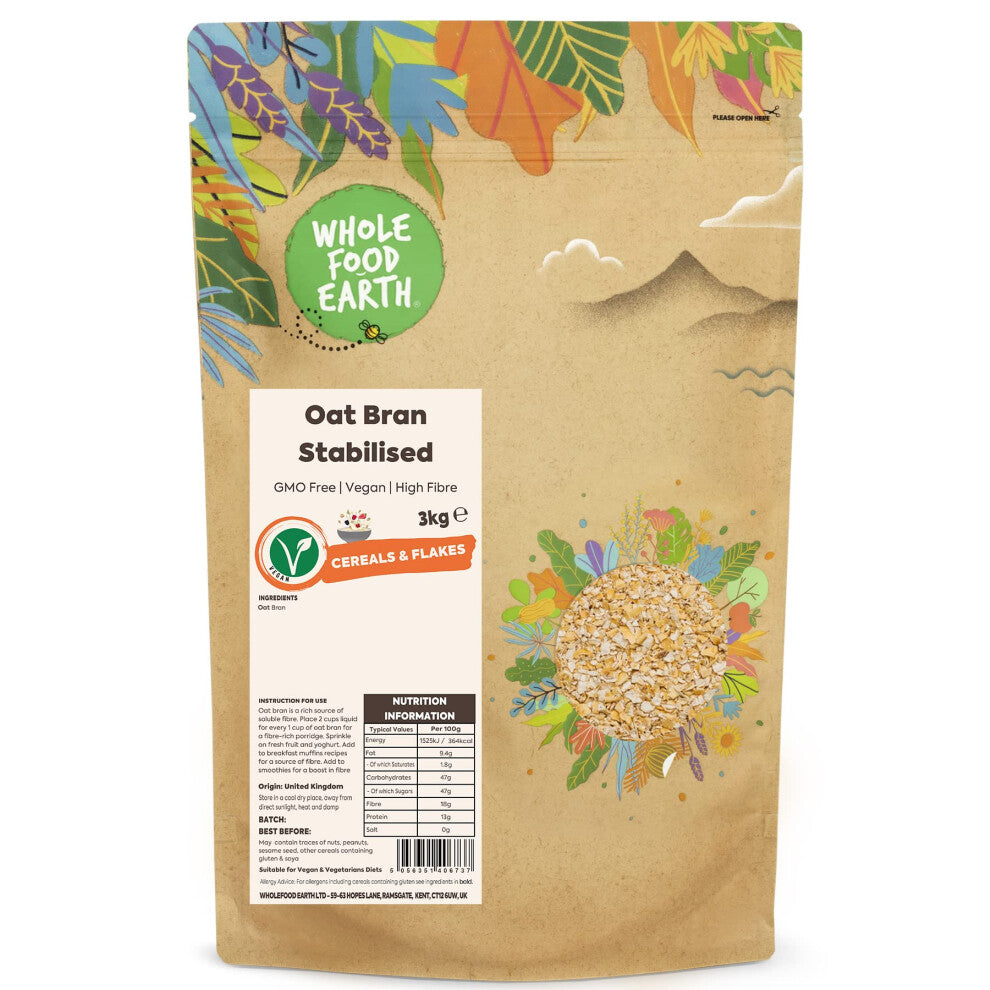 Wholefood Earth Oat Bran Stabilised 3 kg | GMO Free | High Fibre