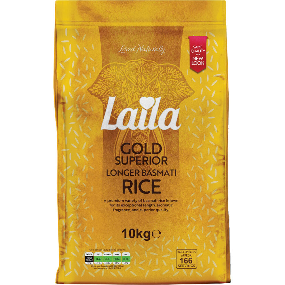 Laila Longer Basmati Rice 10Kg, Fluffy and Aromatic Rice Basmati Style, Rice With Long Grain, Gluten Free Rice for Curry, Biryani or Pilaf, 10Kg
