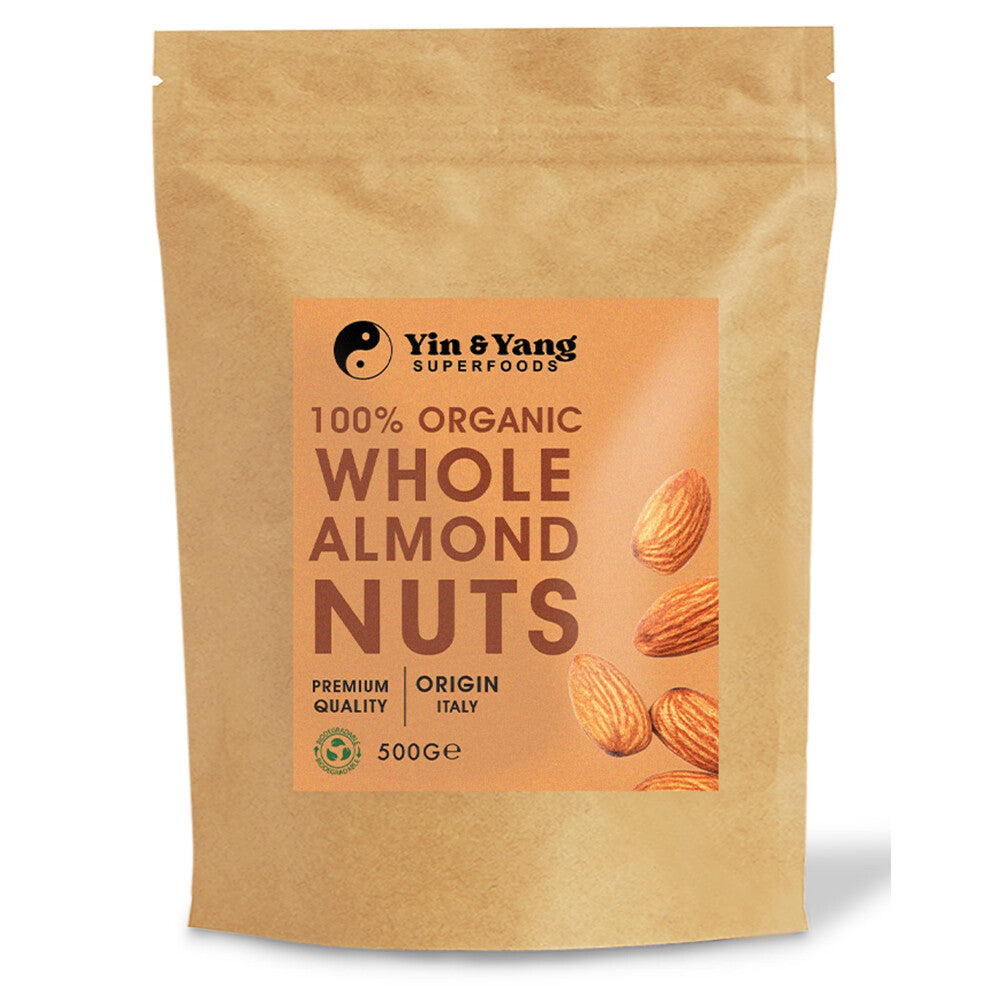 Organic Almonds 500g Whole & Raw, by Yin & Yang Superfoods. Premium Quality, High in Fibre Source of Protein, Vegan, Contains Antioxidants, Certified
