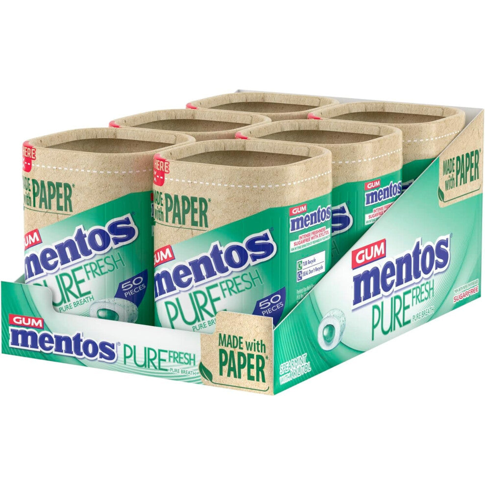 Mentos Pure Fresh Spearmint Flavour, Sugar Free Chewing Gum With Xylitol, Suitable for Vegetarians - 6 x 50 Pieces