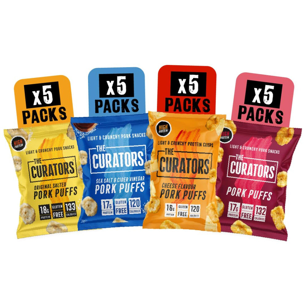 THE CURATORS High Protein Pork Puffs Variety Pack, 5 x Original Salted, 5 x Smoky Bacon, 5 x Cheese, 5 x Salt & Vinegar 25g (20 Packs) Crisp Low Carb