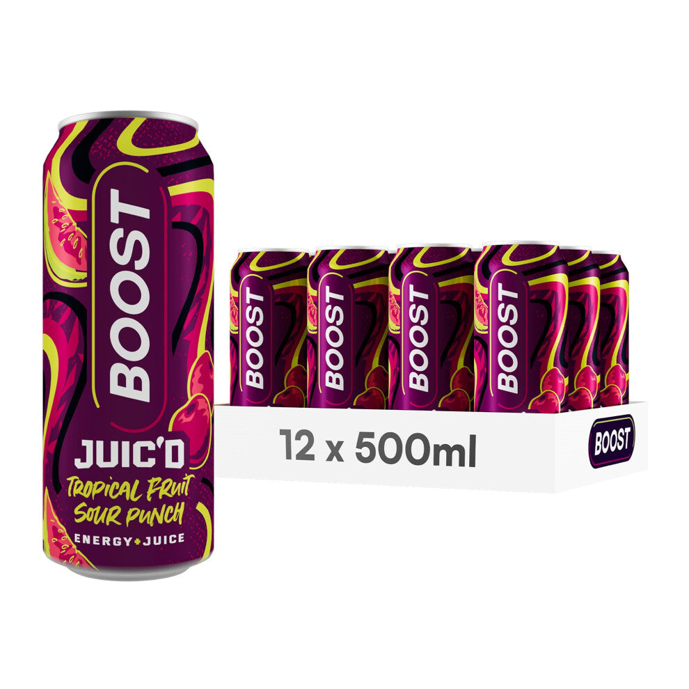 Boost Juic'd Energy Drink Tropical Fruit Sour Punch | 12 Multipack Carbonated Soft Drinks with Real Fruit, High Caffeine, Taurine and Vitamin B |