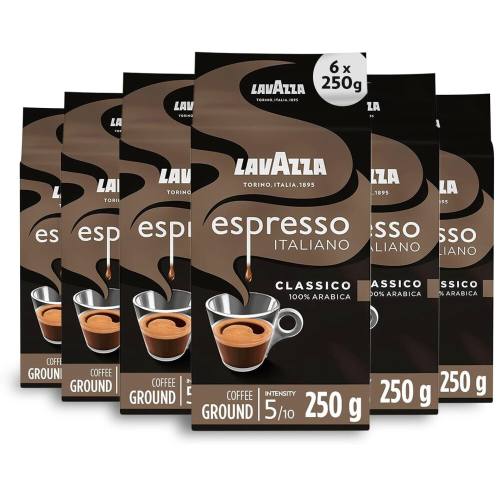 Lavazza, Espresso Italiano Classico, Ground Coffee, 6 Packs of 250g, Ideal for Moka Pot or Filtered Coffee, Sweet & Aromatic Taste, Intensity 5-10,