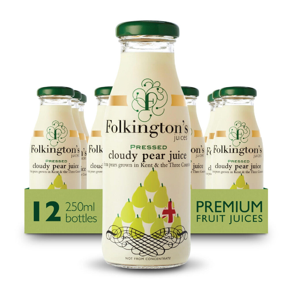 Folkington's Fruit Juice, Cloudy Pear, 12 Glass Bottles, Pure Fruit Juice, Multipack 12 x 250 ml