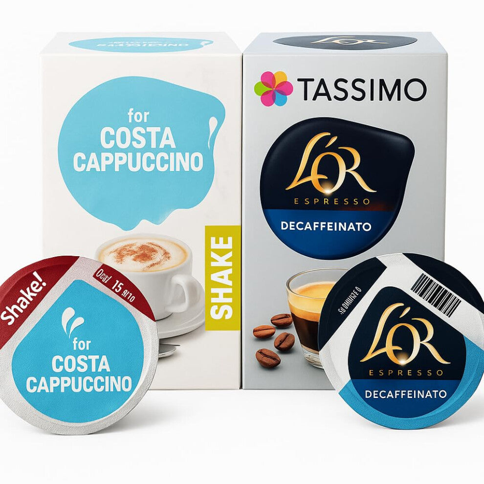 Tassimo Decaf Cappuccino Coffee Pods – 48x Costa Cappuccino Milk Pods & 48x L'OR Espresso Decaf Pods (Total 96 T-Discs, SOLD LOOSE)