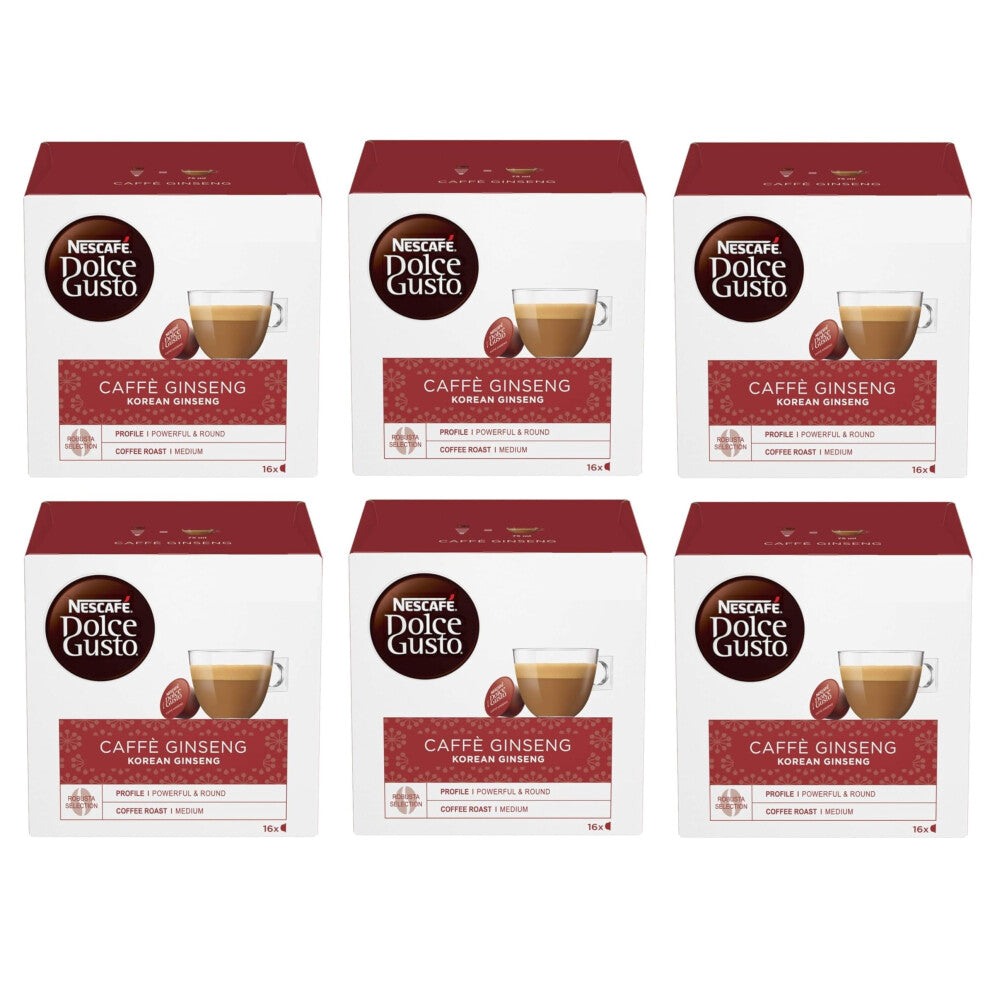NESCAFE DOLCE GUSTO Caffe Korean Ginseng Coffee Pods x16 (PACK of 6, Total 96 Pods) - Medium Roast Robusta with Sweet Caramel Notes