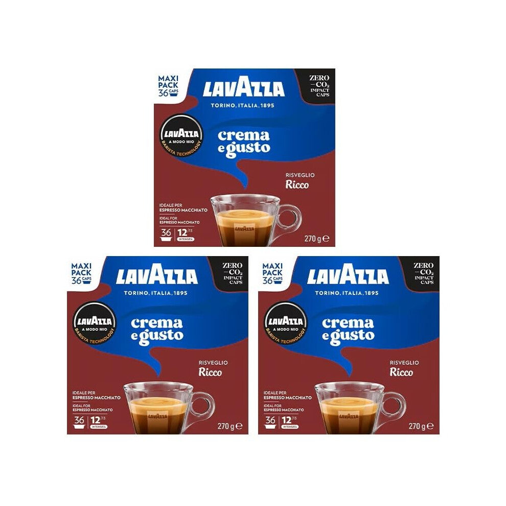 Lavazza A Modo Mio Crema e Gusto Ricco Coffee Capsules x36 Maxi Pack (Pack of 3, Total 108 Pods) – Full-Bodied with Chocolate and Caramel Notes