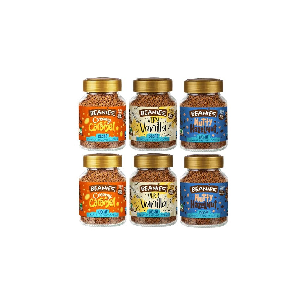 Beanies Flavoured Instant Coffee Decaf Variety Pack - 6 x 50g jars - Creamy Caramel, Nutty Hazelnut and Very Vanilla