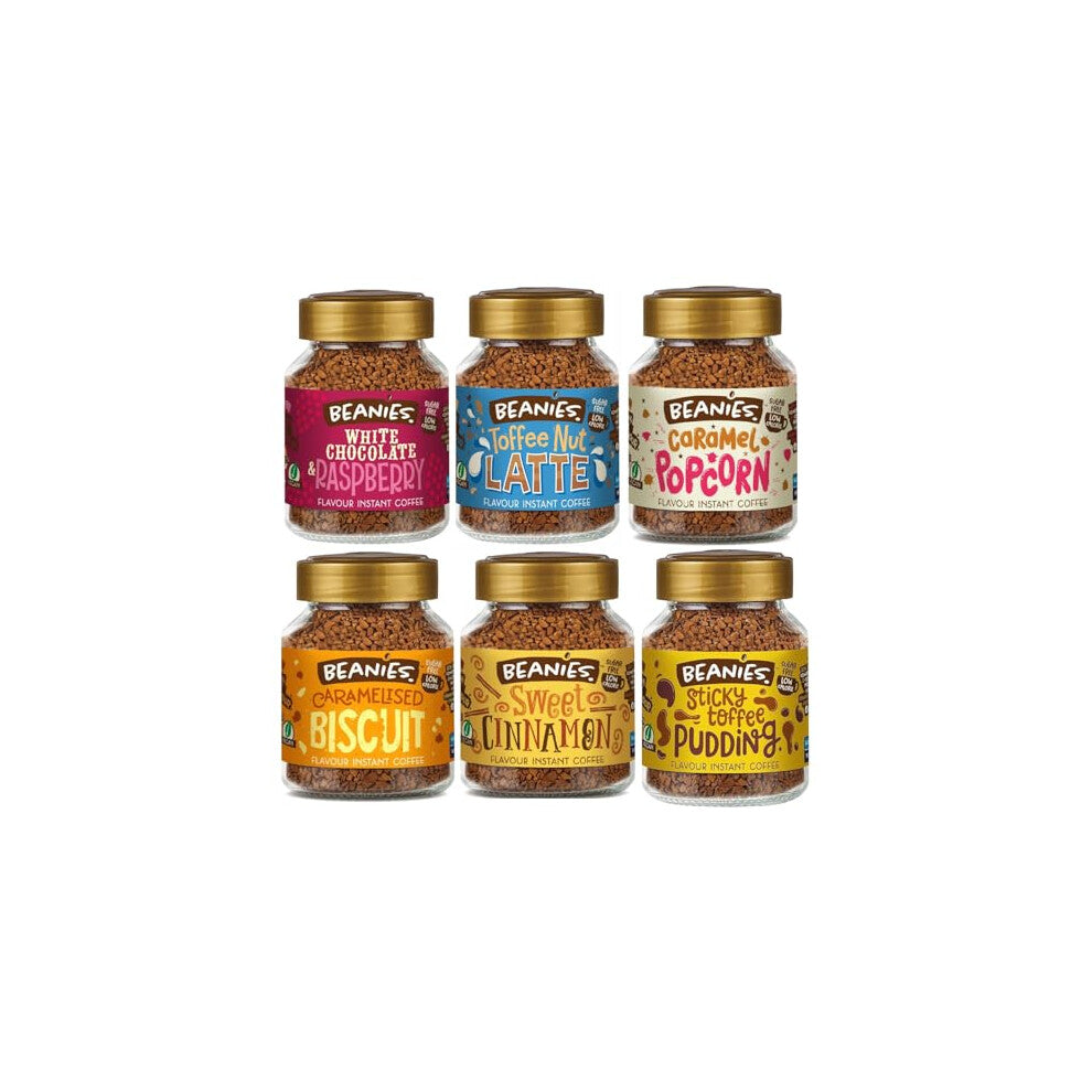 Beanies Flavoured Instant Coffee Sweet Variety Pack – 6 x 50g Jars – Sticky Toffee, Sweet Cinnamon, Caramelised Biscuit etc
