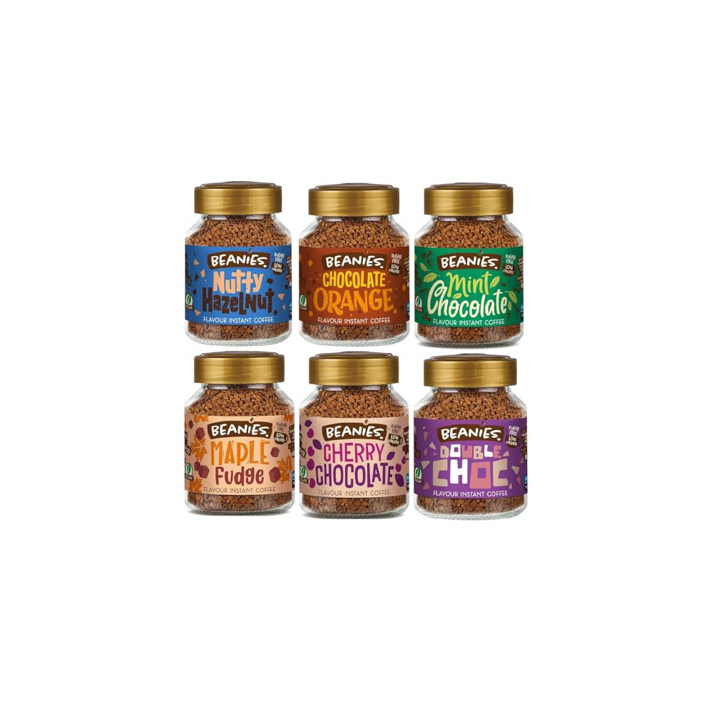 Beanies Flavoured Instant Coffee Chocolate Variety Pack – 6 x 50g Jars – Nutty Hazelnut, Orange, Chocolate, Maple Fudge, Cherry & Double