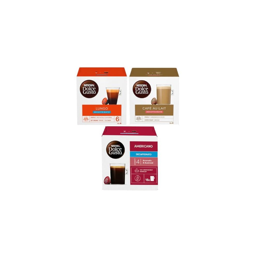 NESCAFÉ DOLCE GUSTO Decaf Variety Pack Coffee Pods (Pack of 3, Total 48 Decaffeinated Capsules) – Lungo, Café Au Lait, Americano