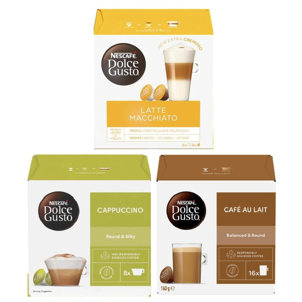 NESCAFÉ DOLCE GUSTO Variety Pack Coffee Pods (Pack of 3, Total 48 Capsules) – Cappuccino, Latte Macchiato & Café Au Lait