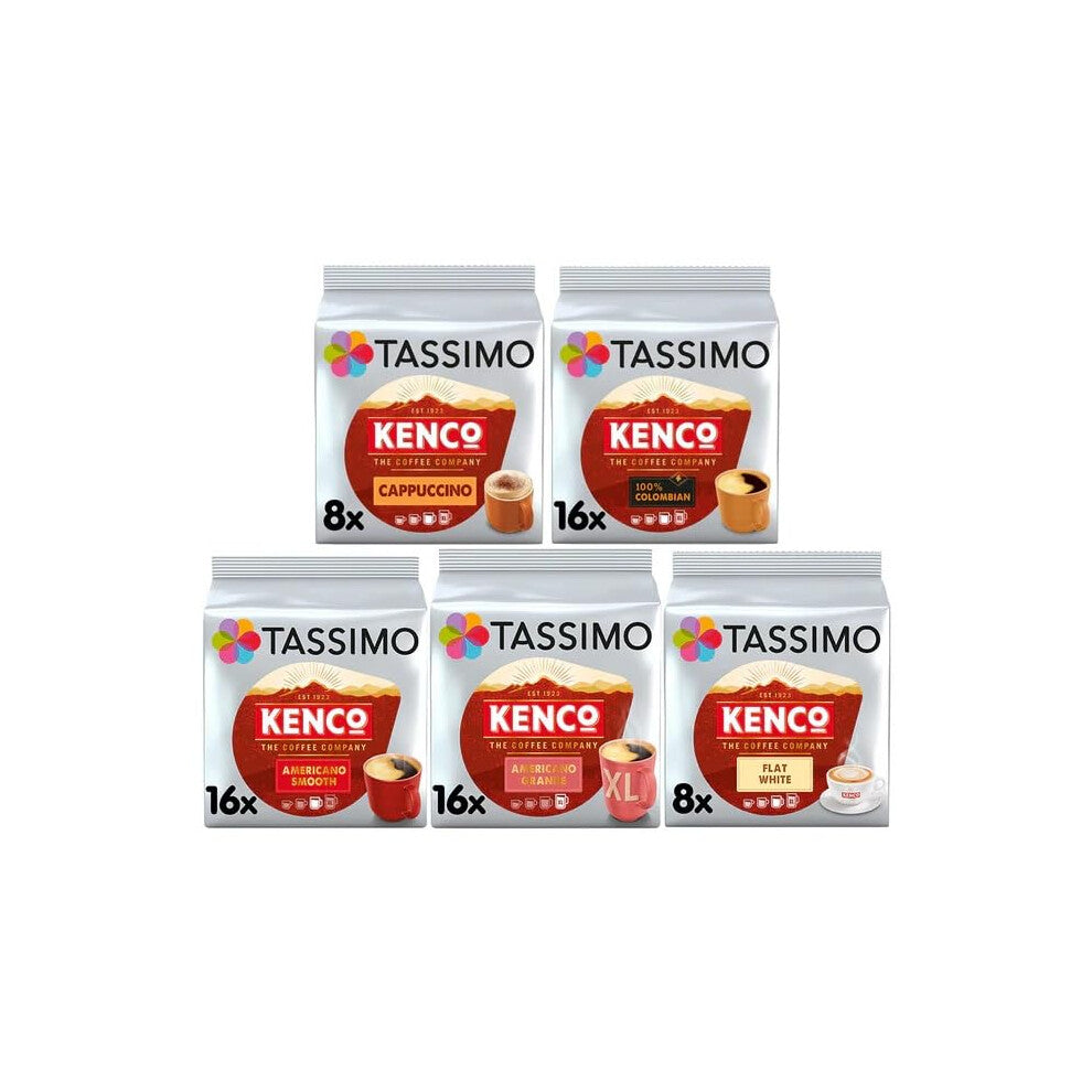Tassimo Kenco Variety Pack Coffee Pods (Pack of 5, Total 64 Capsules) – Cappuccino, Americano Grande, Colombian, Americano Smooth & Flat White