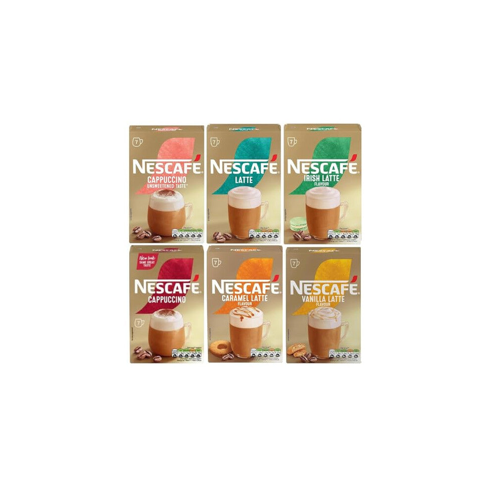NESCAFÉ Variety Pack Instant Coffee Sachets x7 (Pack of 6) – Cappuccino, Latte, Caramel, Cappuccino Unsweetened, Irish & Vanilla Latte