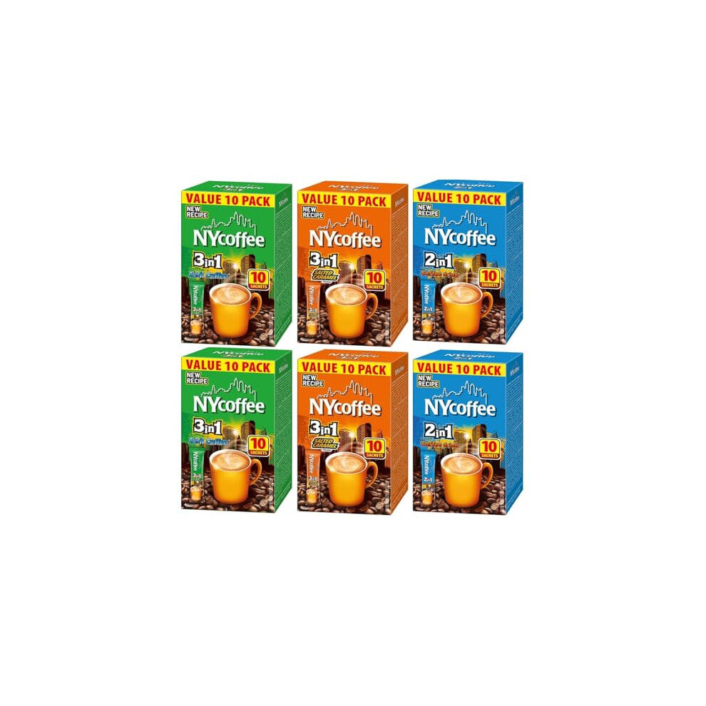 NY Coffee Variety Pack Coffee Sachets x10 (Pack of 6, Total 60 Sachets) – 3in1 Salted Caramel, 2in1 Drink & 3in1 Irish Coffee
