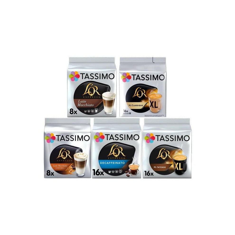 Tassimo L'OR Variety Pack Coffee Pods (Pack of 5 ) – XL Classique, XL Intense, Espresso Decaf, Latte Macchiato & Latte Caramel Macchiato