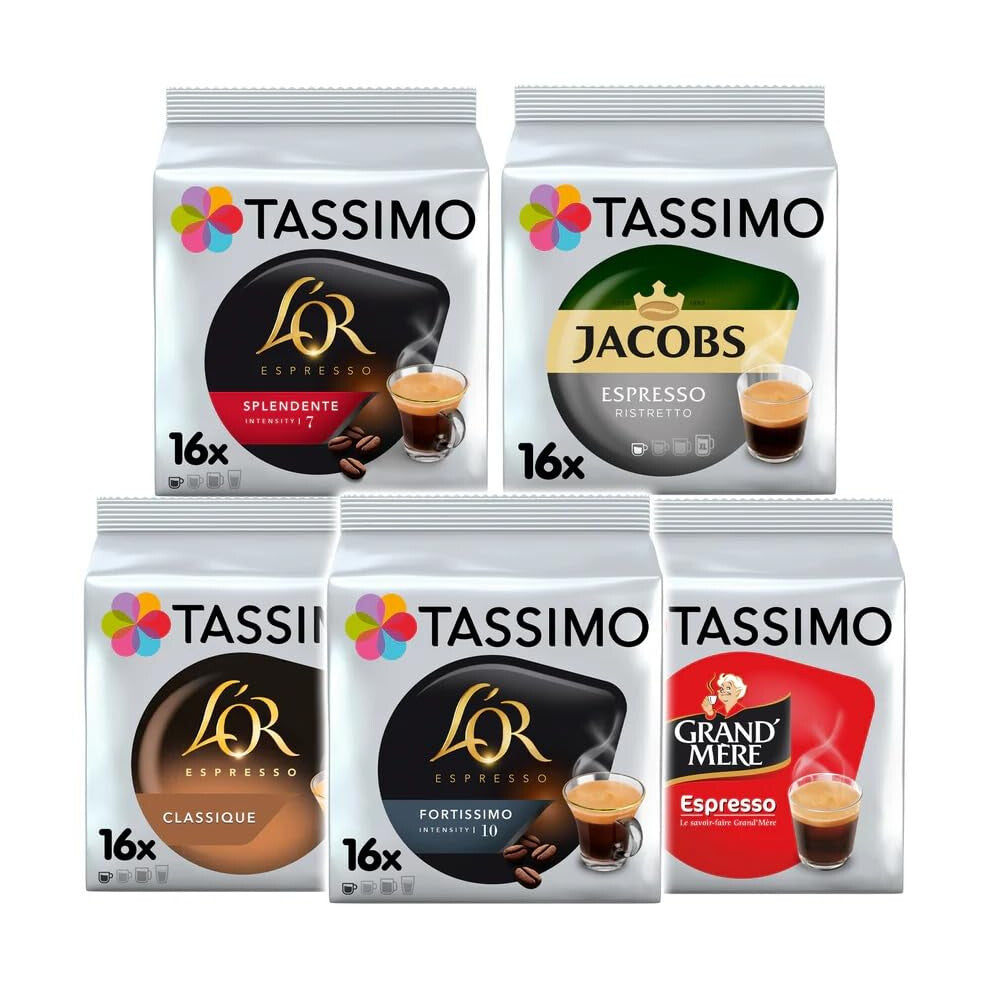 Tassimo Espresso Variety Pack Coffee Pods (Pack of 5) – Grand Mere, Jacobs Ristretto, L'OR Fortissimo, L'OR Classique & L'OR Splendente