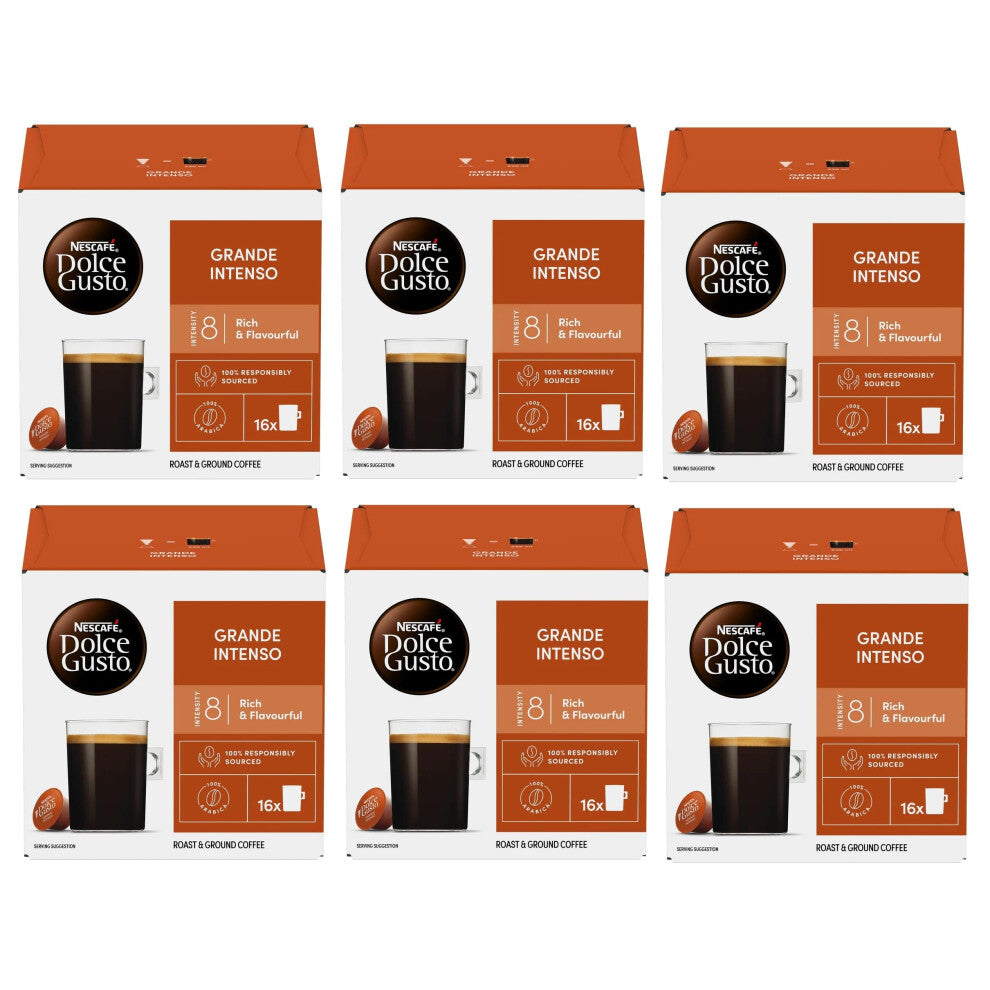 NESCAFE DOLCE GUSTO Grande Intenso Coffee Pods x16 (PACK of 6, Total 96 Pods) – Bold & Aromatic Long Cup with Rich Crema