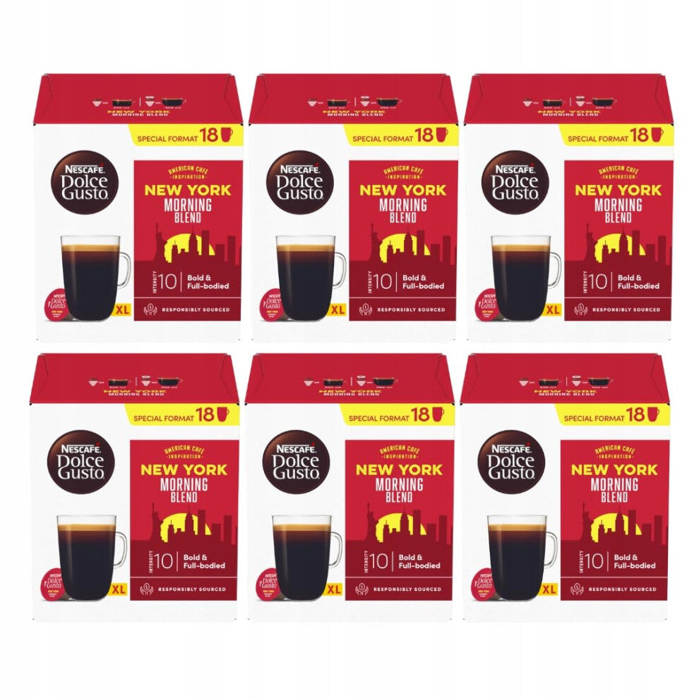 NESCAFE DOLCE GUSTO New York Morning Blend Coffee Pods x18 (Pack of 6, Total 108 Pods) Bold & Intense Roast