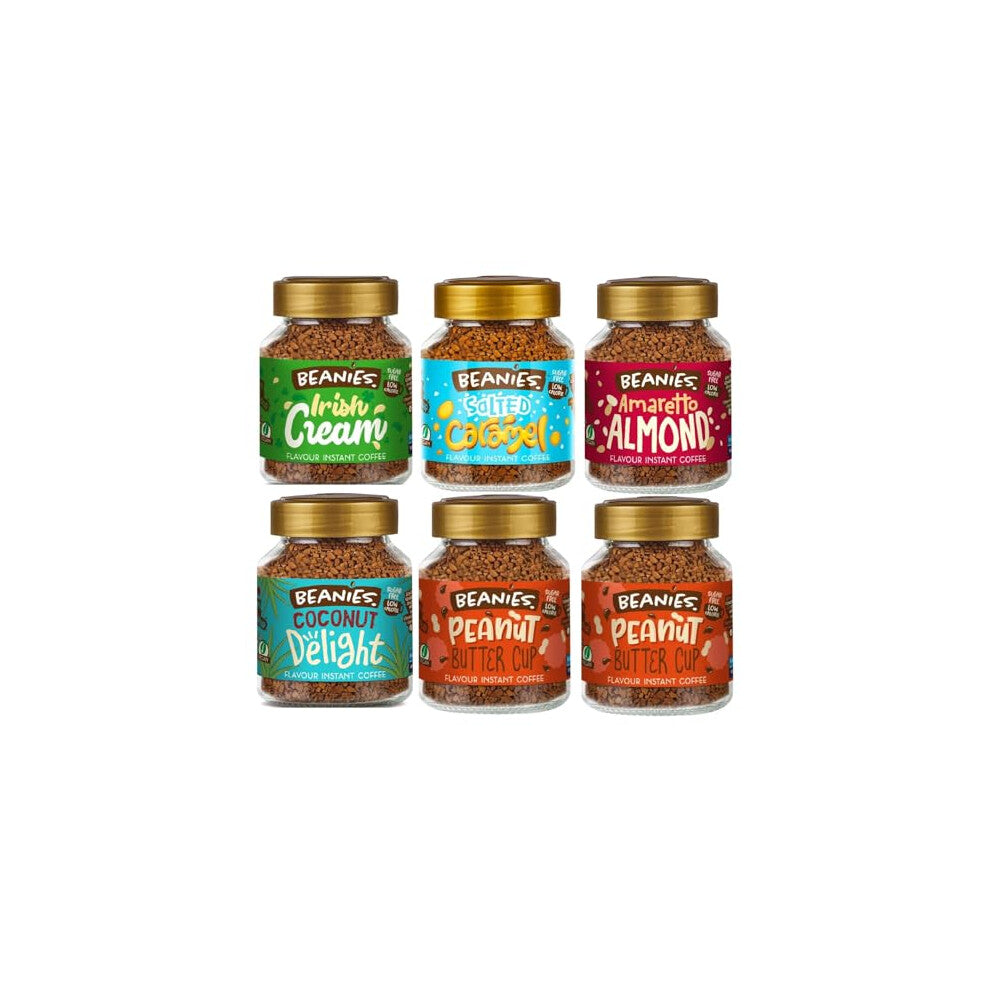 Beanies Flavoured Instant Coffee Variety Pack - 6 x 50g jars - Irish Cream, salted caramel, Amaretto Almond, Coconut Delight, Peanut Butter