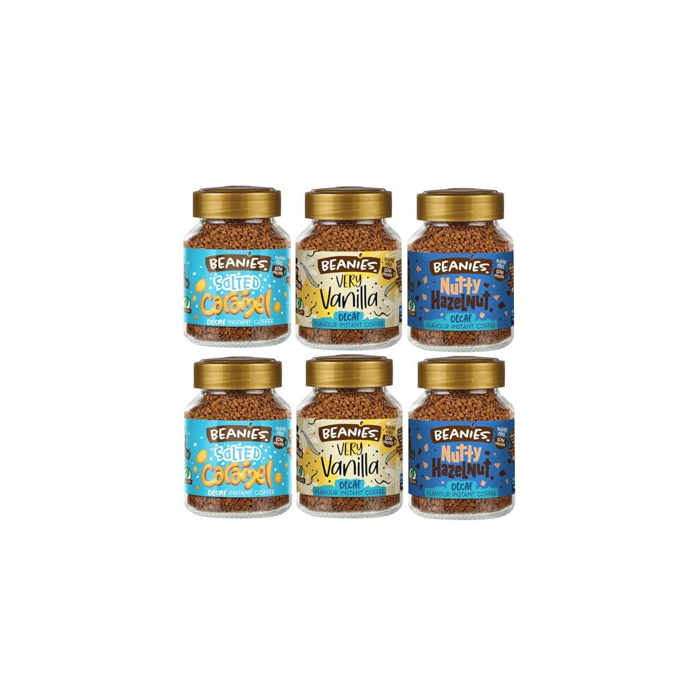 Beanies Flavoured Instant Coffee Decaf Variety Pack - 6 x 50g jars - Salted Caramel, Nutty Hazelnut and Very Vanilla