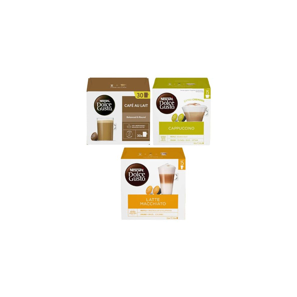 NESCAFÉ DOLCE GUSTO Variety Pack Coffee Pods x30 (Pack of 3, Total 90 Capsules) – Cappuccino, Latte Macchiato & Café Au Lait