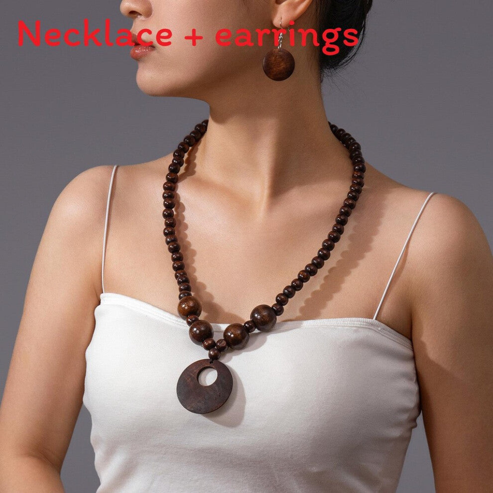 (Brown) Retro Wooden European Bead Accessories With Pendant And Women Earrings For