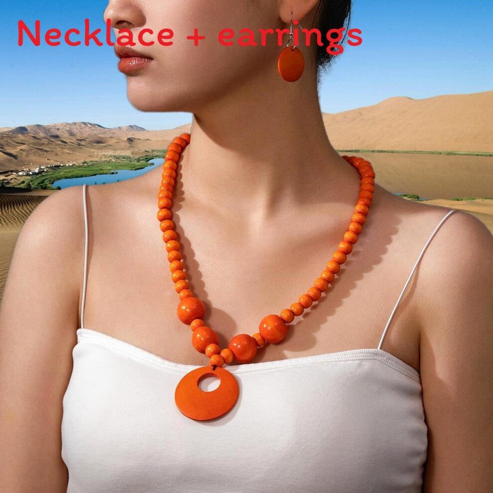 (Orange) Wooden Retro European Bead Accessories With Pendant And Earrings Women For