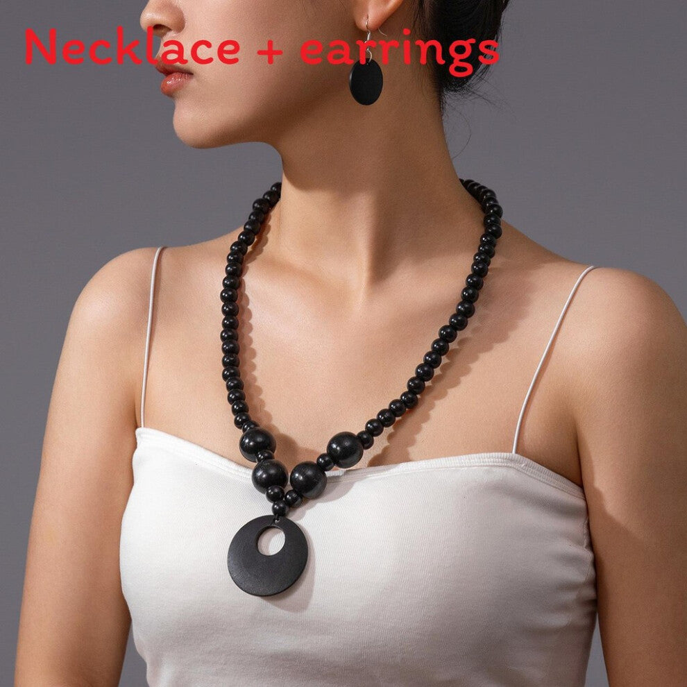 (Black) Wooden Retro European Bead Accessories With Pendant And Earrings Women For