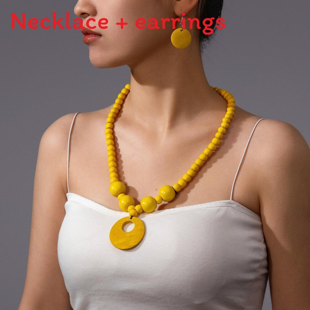 (Yellow) Wooden European Retro Bead Accessories With Pendant And Earrings For Women