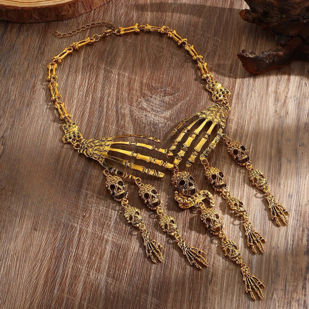 (GoldNecklace) Skull Gothic Vintage Jewelry Set With Alloy Chain And Tassel For Cosplay Events And Costume
