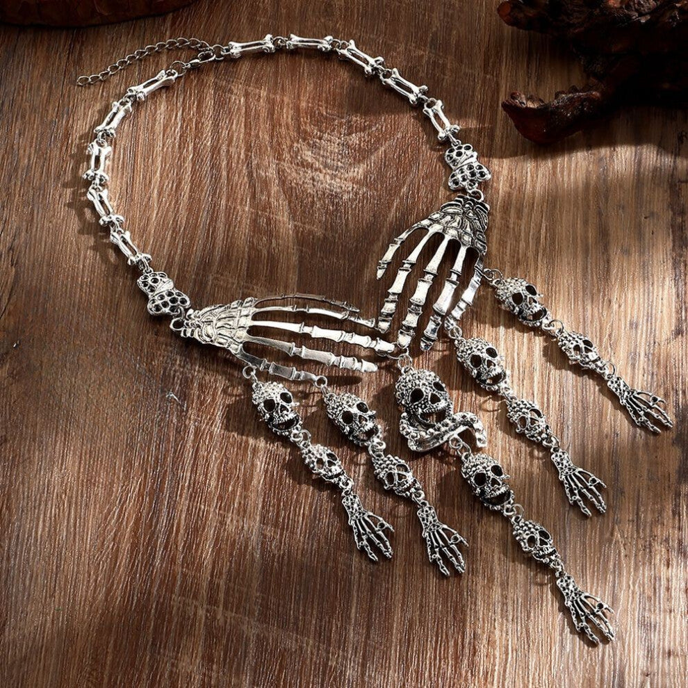 (SilverNecklace) Skull Gothic Vintage Jewelry Set With Alloy Chain And Tassel For Cosplay Events And Costume