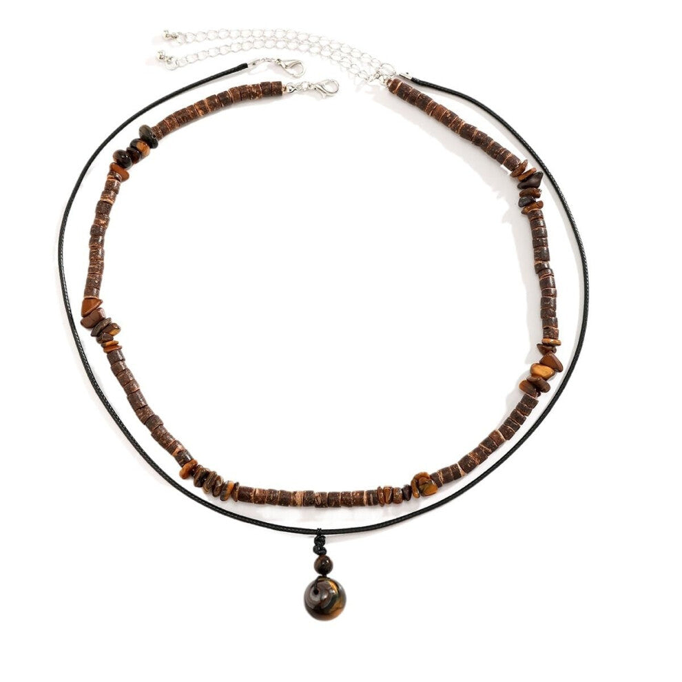 Men's Coconut Shell Necklace Set, Hip-Hop Layered Wood Chain Accessories, Adjustable Length Fashion Jewelry
