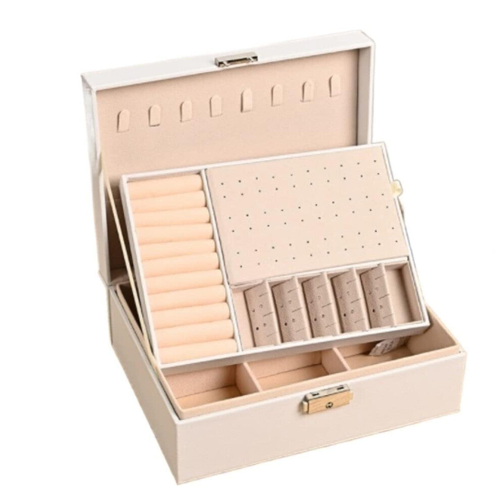 Jewellery Case, PU Leather Organiser Box, 2-Layer Storage for Necklaces, Bracelets, Rings, White, 23x17x8.8 cm