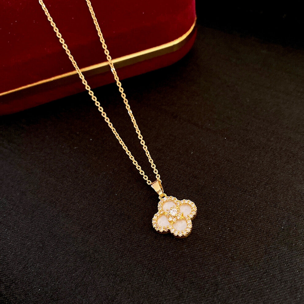 (Necklace - gold - white) Korean-style simple zircon flower necklace, light luxury and high-end feel, collarbone chain, women's exquisite design sense