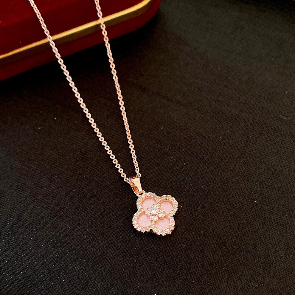 (Necklace - rose gold - pink) Korean-style simple zircon flower necklace, light luxury and high-end feel, collarbone chain, women's exquisite design s