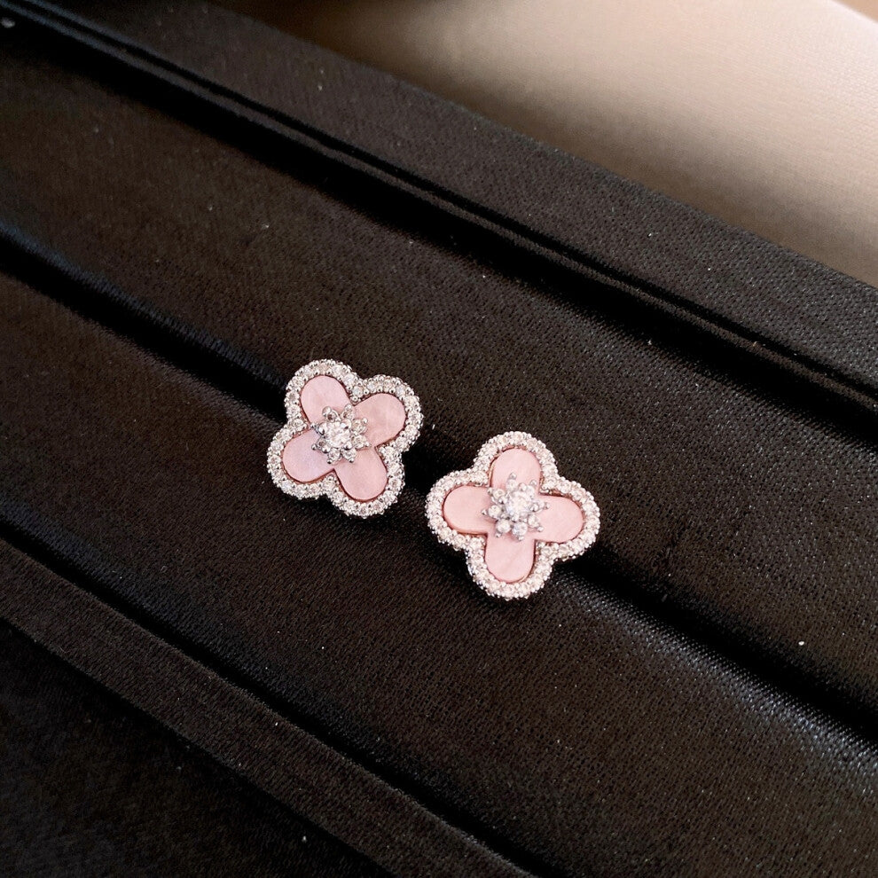 (Silver needle - silver - pink) Korean-style simple zircon flower necklace, light luxury and high-end feel, collarbone chain, women's exquisite design