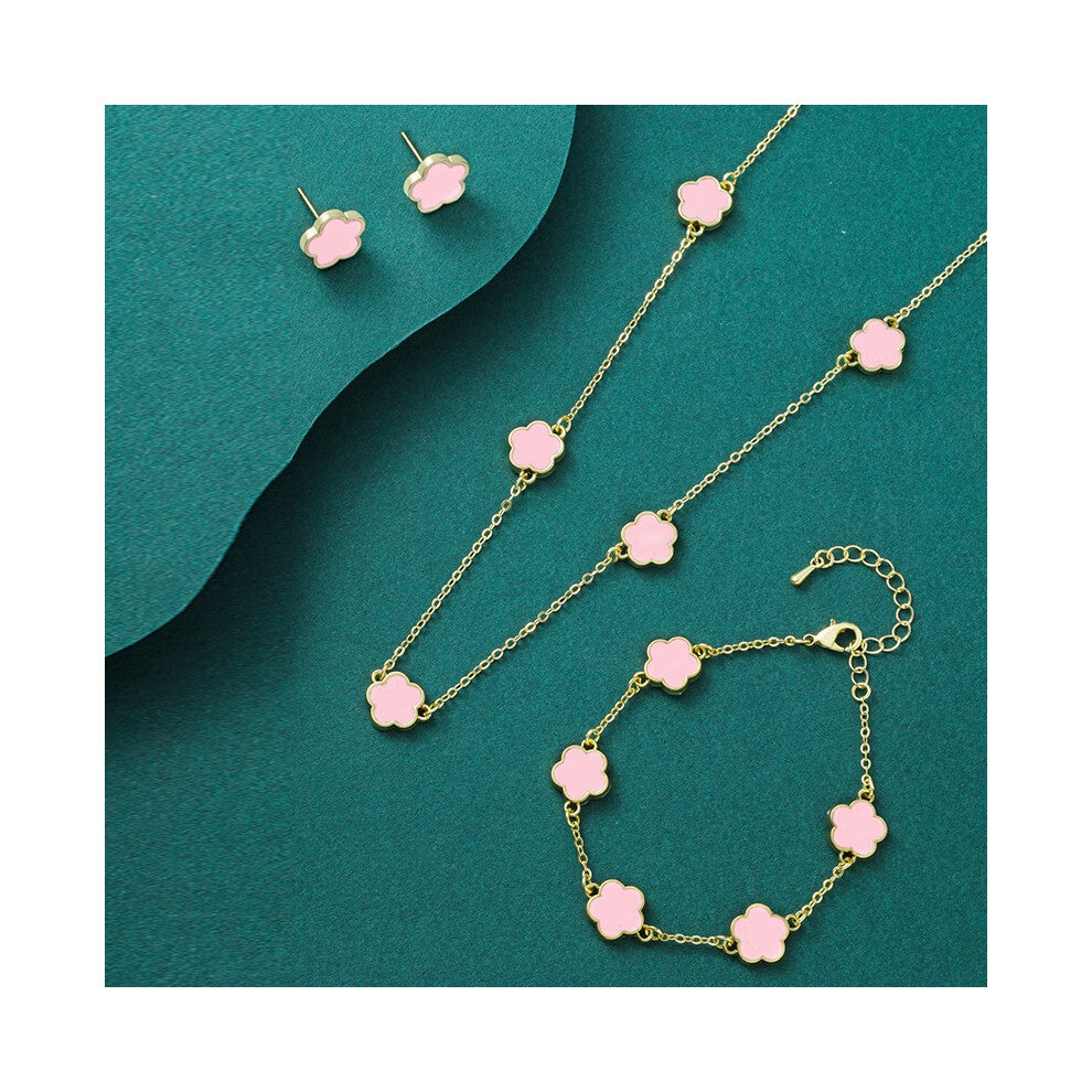 (powder) Lucky Five-petal Flower and Five-leaf Grass Ear Stud Necklace Three-piece set