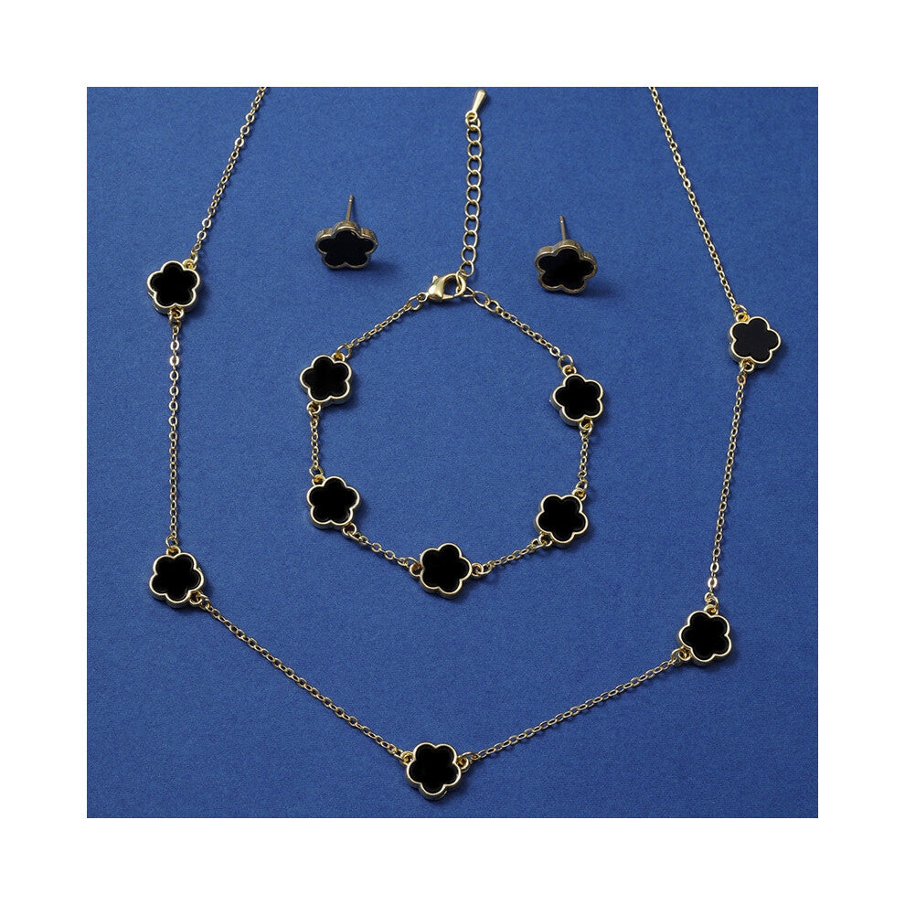 (black) Lucky Five-petal Flower and Five-leaf Grass Ear Stud Necklace Three-piece set