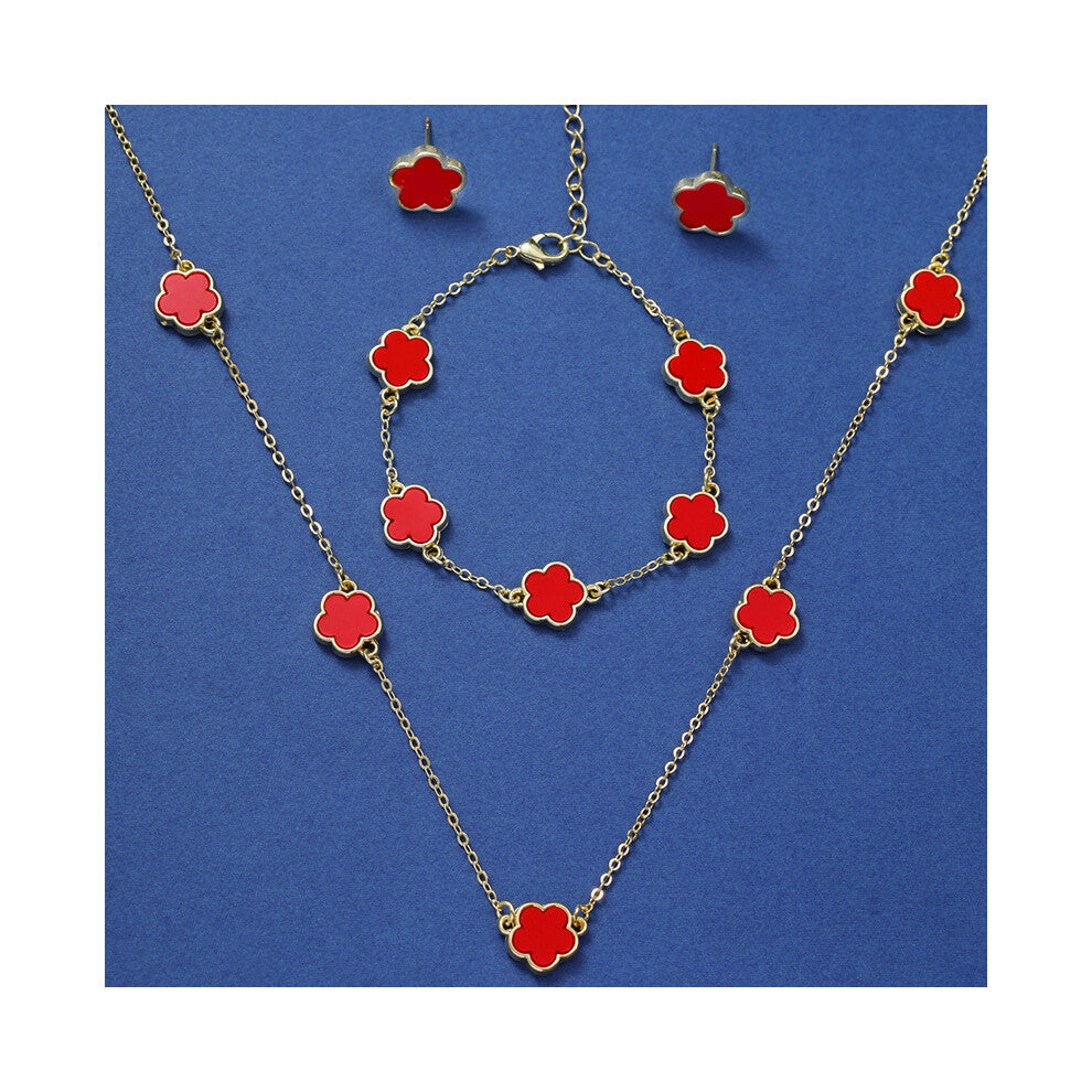 (red) Lucky Five-petal Flower and Five-leaf Grass Ear Stud Necklace Three-piece set