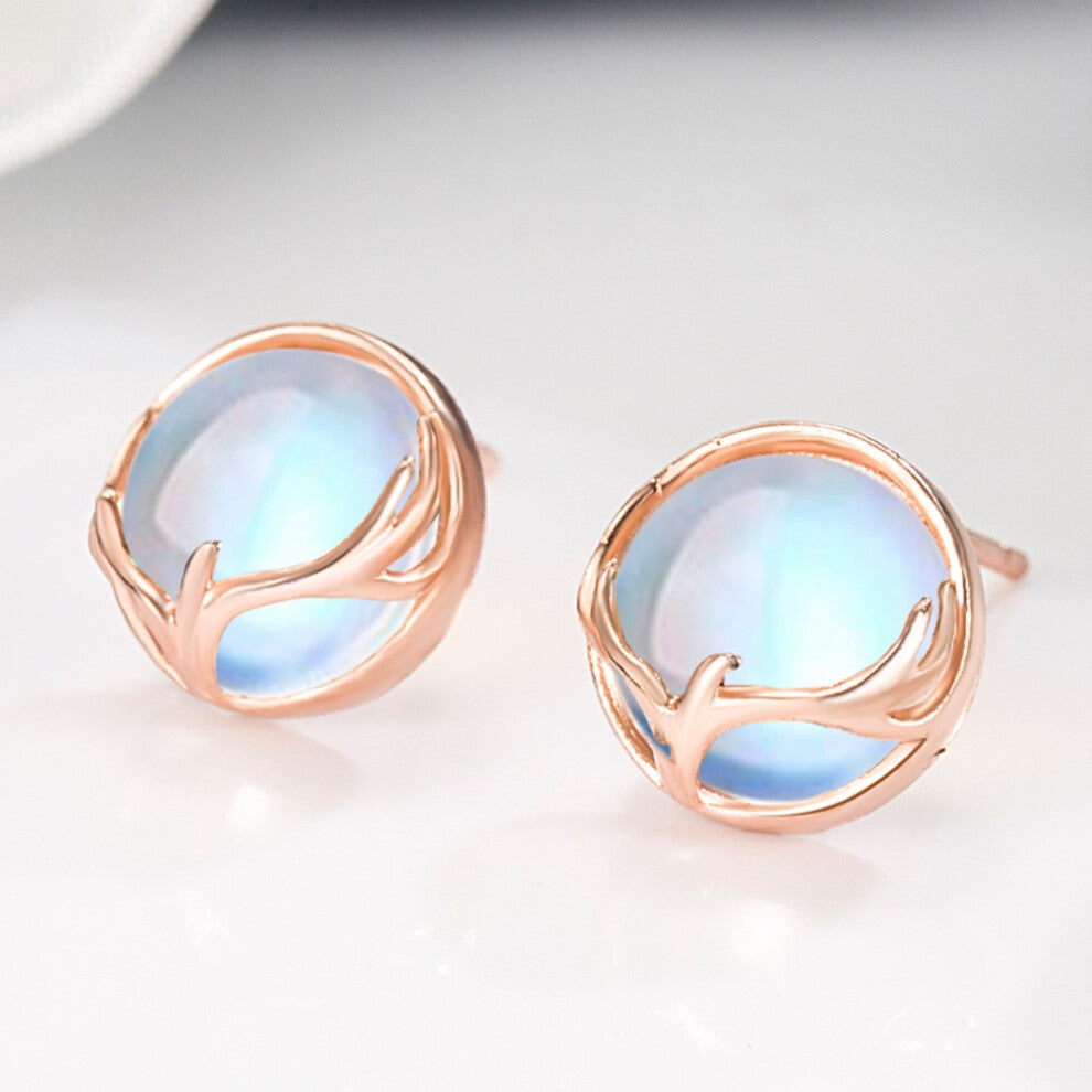 (One Deer Companion Stud Earrings-Pair Price (Copper Plated with rose Gold) M117) Light luxury and niche moonstone antler stud Moon deer versatile bra