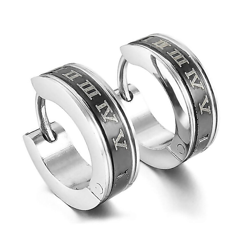 For Stainless Steel Stud Plugs Hoop Earrings Ear Studs Roman Numerals Classic Polished Men Black Sil
