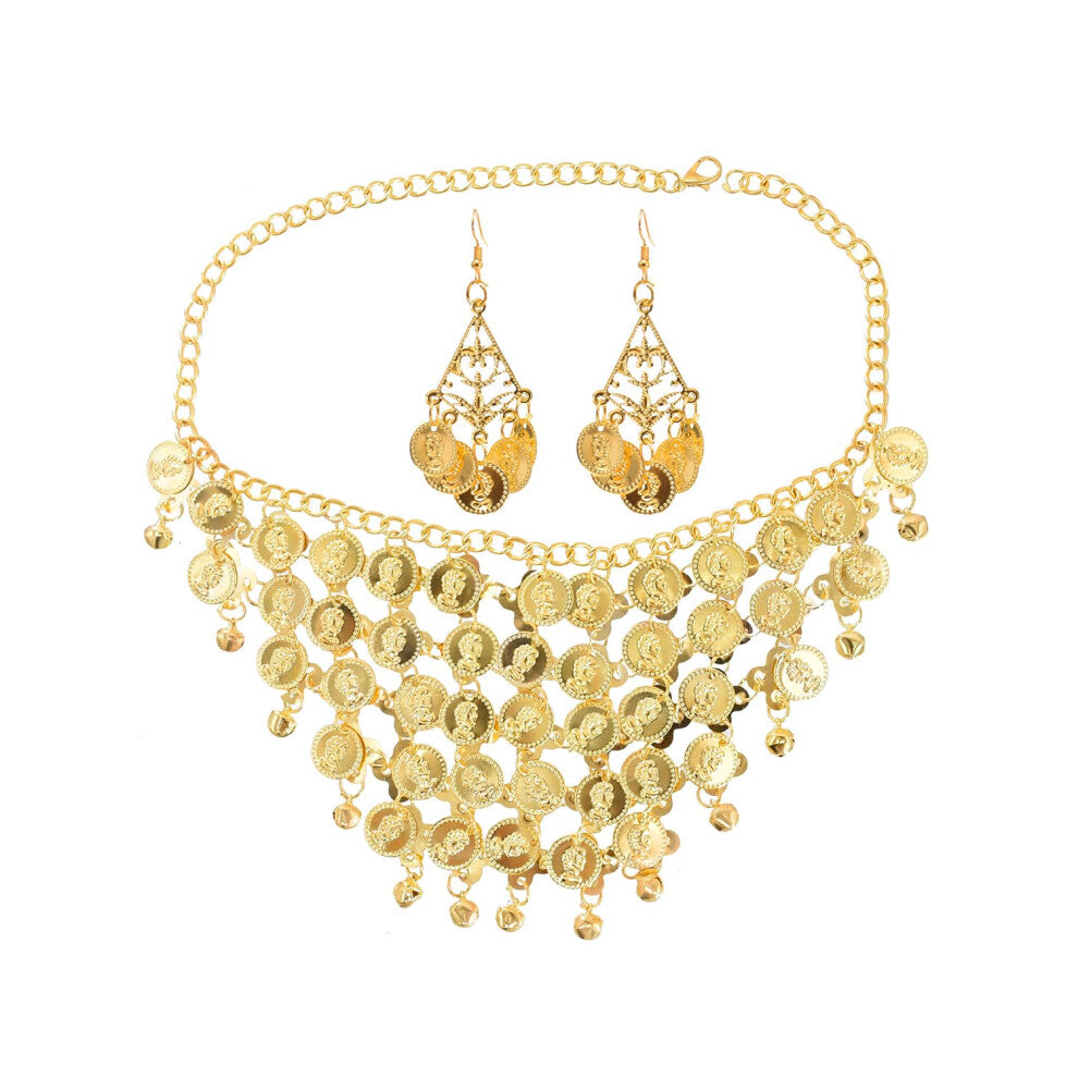 Belly Dance Jewellery Set - 3 Piece Gold-Plated Costume Jewellery for Women, Bohemian Coin Earrings and Chain Set