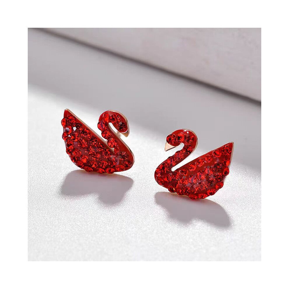 (Red stud earrings, Rose gold 18K real gold electroplated) Black Swan titanium steel necklace for women, with a unique and light luxury style. Collarb