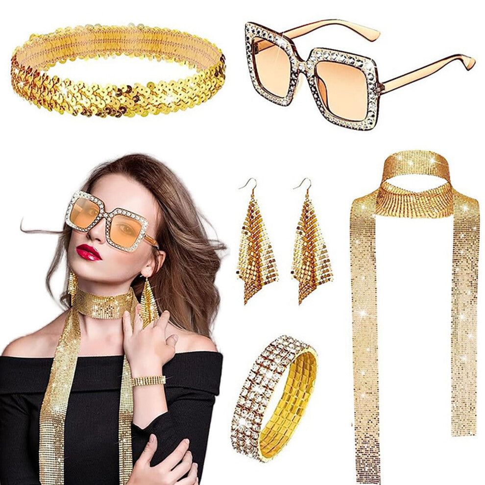 70s Disco Outfit Accessories for Women, Gold Hairband, Earrings, Necklace, Bracelet, Sunglasses, 5-Piece Set