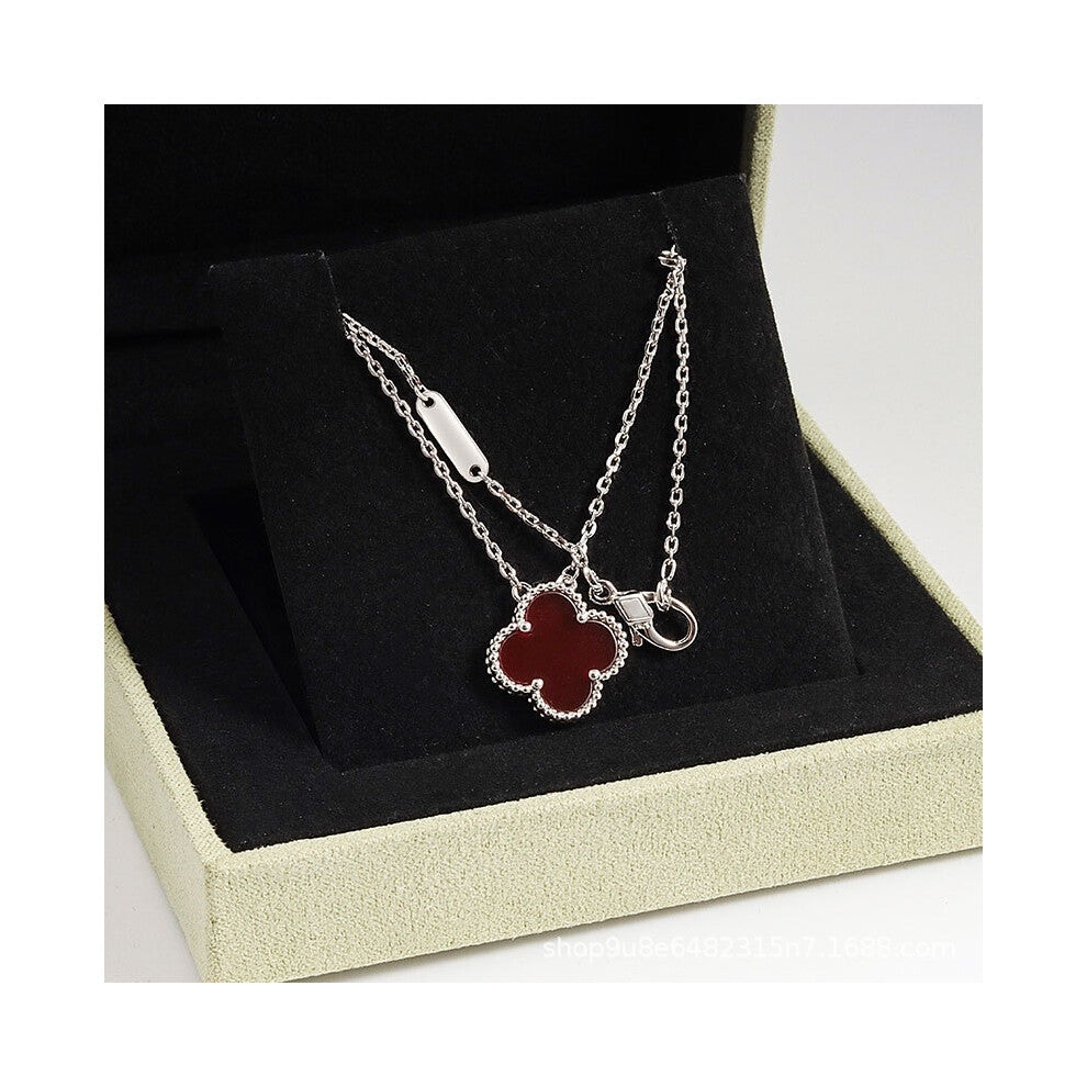 (White gold [red agate] necklace, CNC buckle version) High version 18k gold pendant, collarbone chain, four-leaf clover necklace, red chalcedony, whit