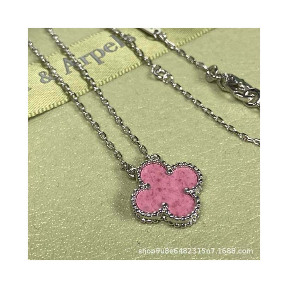 (White gold [rose pink] necklace, High version) High version 18k gold pendant, collarbone chain, four-leaf clover necklace, red chalcedony, white moth
