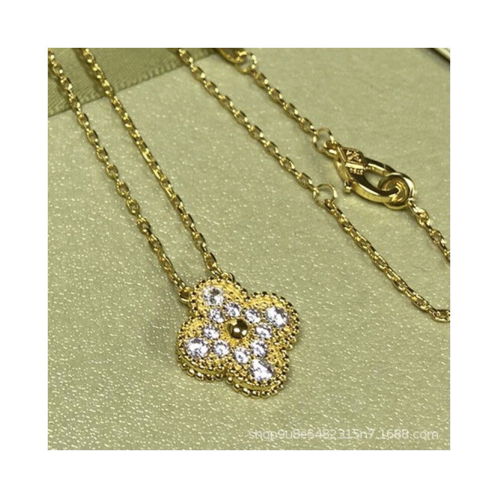 (Golden yellow [full diamond style] necklace, High version) High version 18k gold pendant, collarbone chain, four-leaf clover necklace, red chalcedony