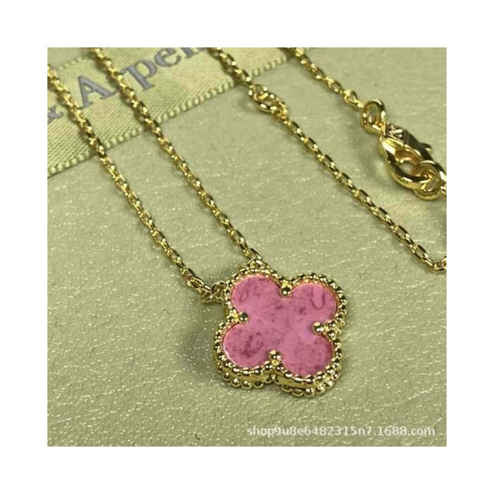 (Golden yellow rose pink necklace, High version) High version 18k gold pendant, collarbone chain, four-leaf clover necklace, red chalcedony, white mot