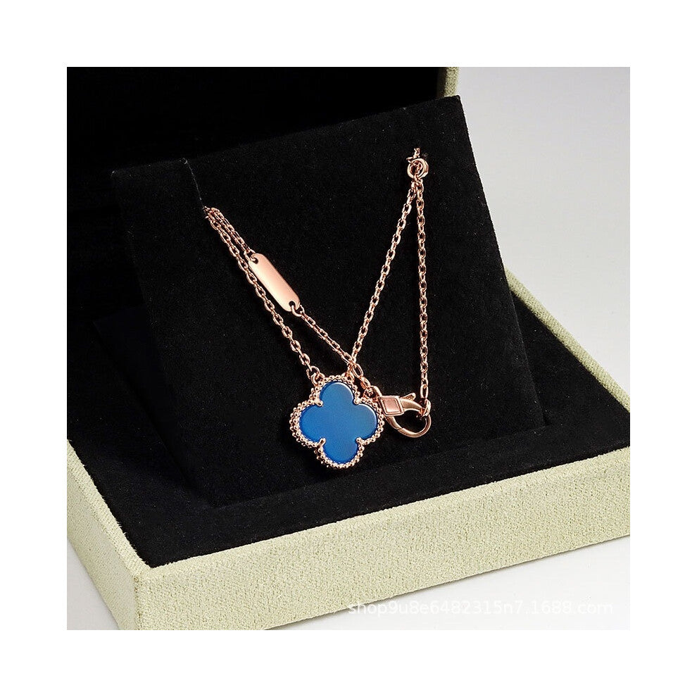 (Rose gold [blue chalcedony] necklace, High version) High version 18k gold pendant, collarbone chain, four-leaf clover necklace, red chalcedony, white